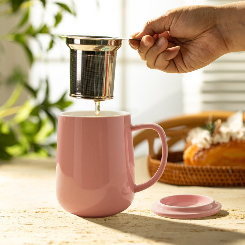 Sweese 20 OZ Porcelain Tea Mug with Infuser and Lid, Loose Leaf Tea Cup, Gifts for Tea Lover - Pink - Image 4